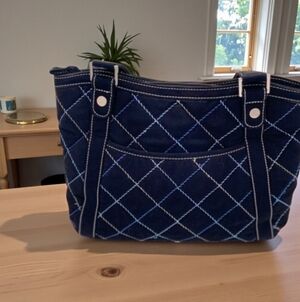 Vera Bradley Navy Quilted Tote with Light Blue Stitching